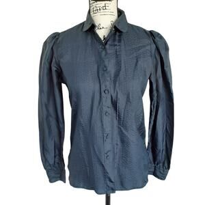Vintage 1980s Pintuck Pleated Button Up Shirt Peter Pan Collar Blue Taffeta